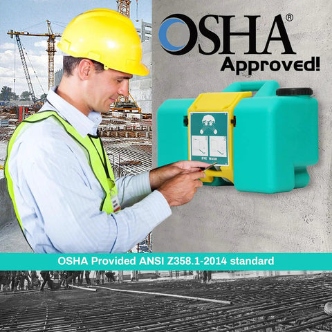 Worker using 9 Gallon Portable Eye Wash Station OSHA Approved Wall Mounted Emergency Eye Wash With Dual Spray ANSI Certified Unit