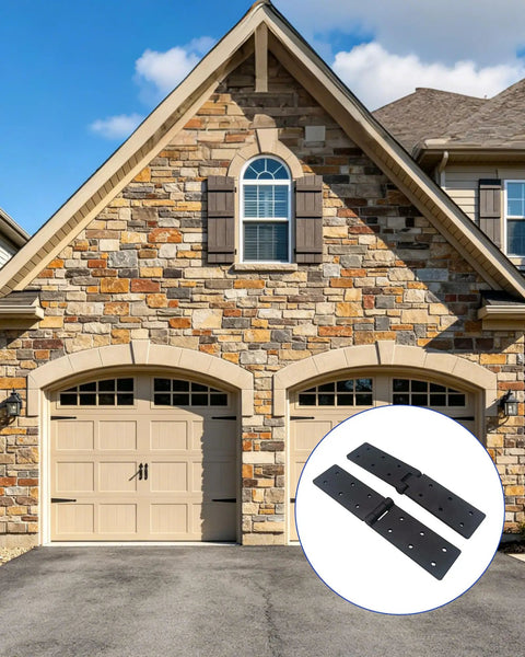 Beefy Heavy Duty Gate Butt Hinges for Wooden Fences and Shed Doors Outdoor Hardware with Adjustable Pins, overlay on garage