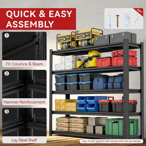 No Nonsense Heavy Duty Metal Storage Shelving Unit With 5000 Lbs Capacity, 84 Inch High Five Tier Adjustable Freestanding Garage Shelves For Workshop, Warehouse, Basement, Anti Slip Rubber Strips For Floor Protection, black metal shelves with stored bins