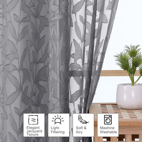 Charcoal Gray Sheer Curtain Panel Set, Two Pieces 40W By 54L Each, Light Filtering Clip Jacquard Drapes With Elegant Leaf Texture