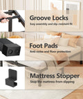 Rock Solid Full Size Bed Frame Featuring Heavy Duty Steel Slats And Recessed Middle Support Holds Three Thousand Five Hundred Pounds showing groove locks, foot pads, and mattress stopper.