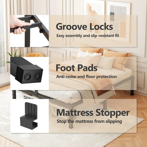 Rock Solid Full Size Bed Frame Featuring Heavy Duty Steel Slats And Recessed Middle Support Holds Three Thousand Five Hundred Pounds showing groove locks, foot pads, and mattress stopper.