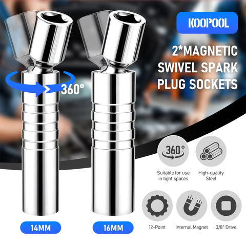 Magnetic Spark Plug Socket Set With Installation Tube And Ten Inch Extension Bar Three Eighths Inch Click Torque Wrench Spark Plug Gap Tool Magnetic Swivel Sockets With U Joint Twelve Piece showing 14mm and 16mm sizes