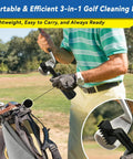 Golfer using All-In-One Golf Club Cleaner Kit With Water Brush, Groove Sharpener, And Microfiber Towel on club by bag