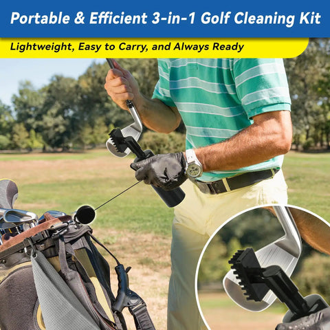Golfer using All-In-One Golf Club Cleaner Kit With Water Brush, Groove Sharpener, And Microfiber Towel on club by bag