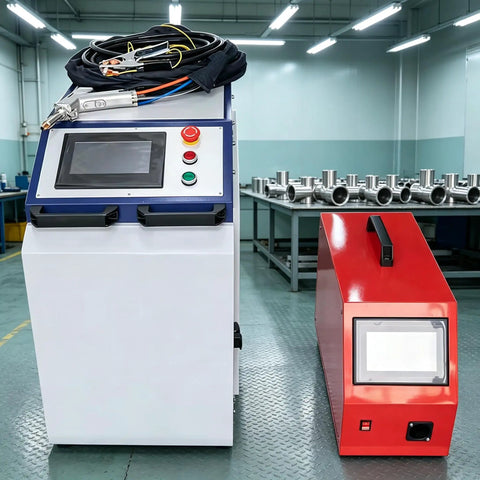 Heavy Duty Handheld Welder Machine With Digital Control And Auto Wire Feeder, portable rig with digital display and wire feeder in workshop.