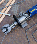 Heavy Duty Electric Rebar Bender Hydraulic Bending Machine With Positioning Bolt 0-130 Degree Angle showing steel rods and tools on metal surface.