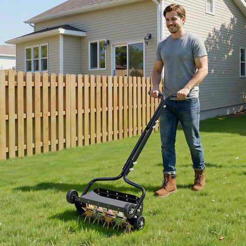 Person using 18 Inch Manual Push Spike Aerator With Four Wheels For Lawn Health, rolling it on grass for soil aeration