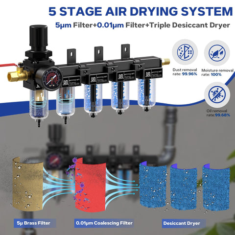 Five Stage Pro Grade Air Dryer System for 1/4 Inch NPT Compressors with water separator, filters, and triple desiccant drying