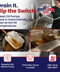 Commercial Electric Fryer Oil Filter System With Fry Powder Included Handles 75 Lb Grease Loads Portable Filtration Cart in use filtering hot oil.