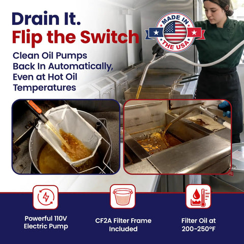 Commercial Electric Fryer Oil Filter System With Fry Powder Included Handles 75 Lb Grease Loads Portable Filtration Cart in use filtering hot oil.