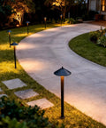 Curved pathway lit by Low Voltage LED Pathway Lights 6 Pack Outdoor Landscape Lighting 40 Lumen 2700K Warm White Weatherproof Garden Path Kit