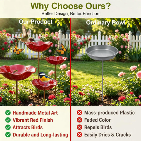 Metal Flower Garden Stake With Bird Bath Bowl For Outdoor Pollinator Watering Station For Garden Yard Hummingbird Fountain Butterfly Bee Water Feeder Decorative Yard Art Gift Four Pack, side-by-side comparison with an ordinary bowl.