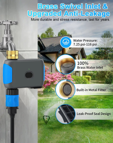 WiFi Sprinkler Timer With Bluetooth Hose Timer, Programmable Outdoor Irrigation System, brass inlet, house background