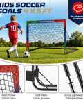 Two Pack Easy Fold Pop Up Kids Soccer Goals For Backyard Play With Net Size 3 Soccer Ball Pump 10 Training Cones Ground Stakes And Carry Bag Portable Outdoor Soccer Training Kit For Toddlers And Kids shown with child kicking ball.