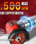 Power Through Demanding Jobs With This Heavy Duty 3 Inch Cordless Angle Grinder Featuring A Badass 21V Battery Setup And Slick Lcd Display For Hassle Free Cutting. Close-up of 400W motor showcasing copper coils.