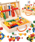 90 Piece Wooden Toddler Tool Set With Box For Kids Ages 3 To 5, FSC Certified Wood, colorful tools and cards displayed