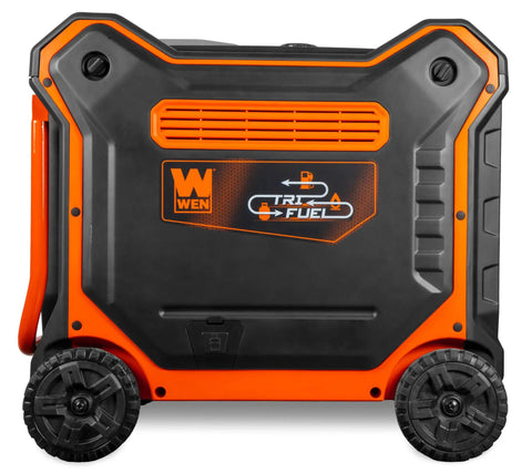 Rock Solid 13000 Watt Tri Fuel Inverter Generator Delivers Hella Smooth Power With A Peppy 550Cc Motor Quick Electric Start And Integrated Gas Detection For Peaceful Stress Free Emergency Backups rear view with wheels and control panel.