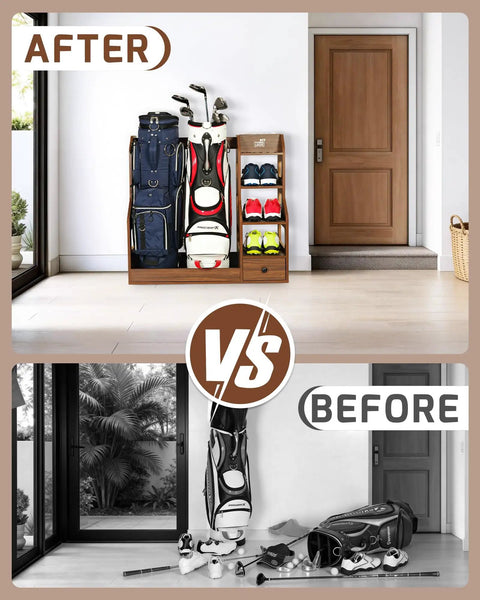 Before and after of double golf bag storage rack for two full-size bags, wooden organizer with shoe shelves, ball holder and drawer.
