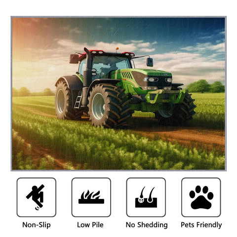 Farmhouse Tractor Pattern Area Rug 8x10 Non Slip Low Pile Machine Washable for Living Room Dining Room Kitchen Farm Equipment Inspired Carpet