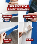 Application of Blue Painter Tape Bulk 1.88 Inch by 60 Yards 24 Pack 1440 Yards Total on smooth walls, glass, wood trim, and car surface.