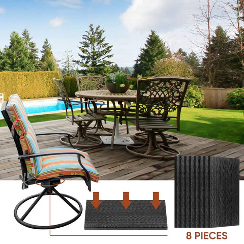 Rock Solid Black Patio Chair Spring Plates 8 Pack Heavy Duty Fiberglass Replacement Springs on outdoor patio with chair.