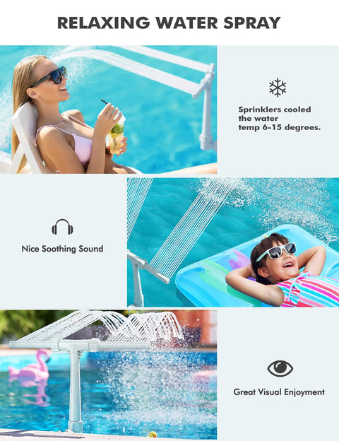 Relaxing water spray with Adjustable Dual Spray Pool Fountain for Above Ground and In Ground Pools in backyard setting.
