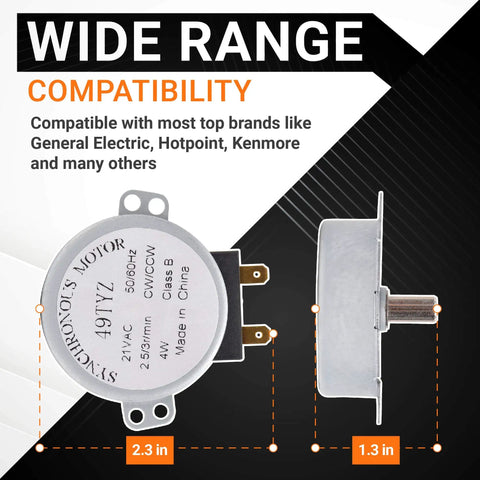 Upgraded Microwave Turntable Motor Replacement Part for GE and Kenmore Microwaves showing size and compatibility