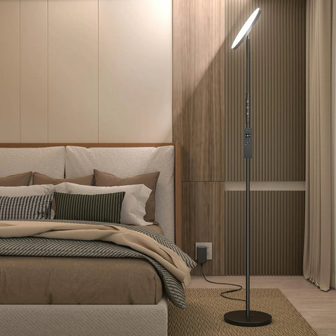 Crazy Bright LED Floor Lamp With Stepless Dimming And Remote Control, 69 Inch Torchiere Corner Lamp, Black, in a Bedroom Setting