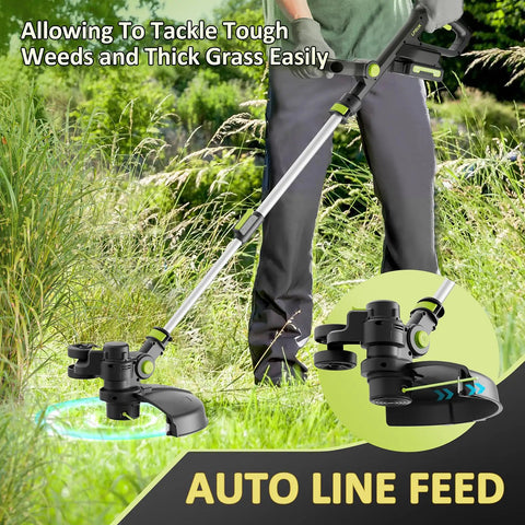 Person using 20V Cordless Weed Eater Trimmer with 12-Inch Cutting Width, Auto Line Feed, in a garden