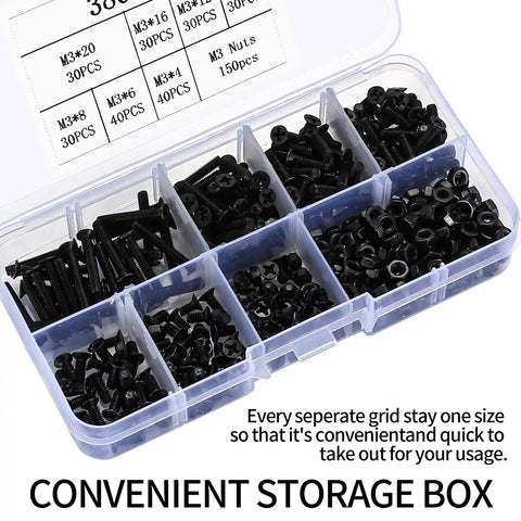 Convenient storage box with Badass M3 Flat Head Phillips Screws And Hex Nuts Assortment Kit With 380 Pieces Black Carbon Steel.