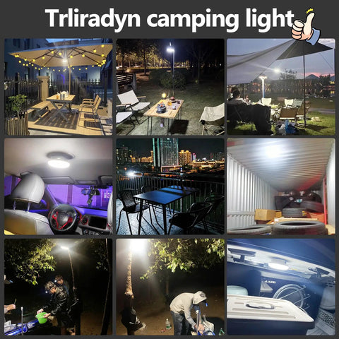 Collage showcasing the 4000LM Rechargeable Hangin Camping Tent Light With Magnet in various outdoor settings.