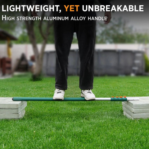 Person standing on 23ft Reach Tree Pruning Saw For Easy High Reach Yard Work No Ladder Needed Telescopic Manual Lightweight Extendable Pole Saw With Sharp Carbon Enriched Blade For Efficient Tree Maintenance And High Reach Branch Cutting laid across two blocks