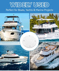 Slick Marine Deck Patch Round Access Hole Cover 4-1/8 Inch shown on various boats, waterproof disc for fixing openings.