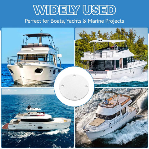 Slick Marine Deck Patch Round Access Hole Cover 4-1/8 Inch shown on various boats, waterproof disc for fixing openings.
