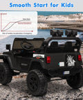 Rear view of 24V Two Seater Kids Ride On Car With Remote Control Four Wheel Drive 800W Motor in black on rocky terrain.
