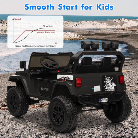 Back view of Huge 24V Ride On Car With Remote Control For Big Kids, black, two-seater, 4WD Off Road Style, with speed chart.