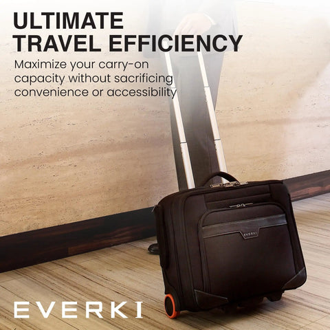 Your Go To Carry On Rolling Laptop Briefcase For 16 Inch Laptops, lightweight black trolley bag with wheels on wooden floor