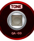 Top view of Quick Adapter For 3/8 Inch Drive Red, featuring knurled red aluminum, 9.5mm socket design, enhancing turning speed.