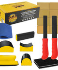 Pro Grade Luthier Hand Sanding Block Set with 40 Sheet Hook and Loop Sandpaper Kit featuring blocks and file sticks for guitars.