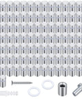 Heavy Duty Stainless Steel Standoff Screws One Half By Three Quarters Inch With Silicone Buffer Pads For Hanging Art And Wall Displays Tough As Nails Mounting Hardware 100 Piece Bulk Kit arranged neatly with screws and pads