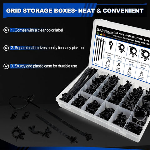 200 Piece Car Wire Loom Routing Clips Kit with 14 Clip Sizes and 4 Universal Push Mount Zip Ties for Wiring Harness Replacement