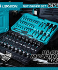 Open storage box of Magnetic Nut Driver Set For Impact Drills 54 Piece Kit With Metric And SAE Nut Drivers and accessories.