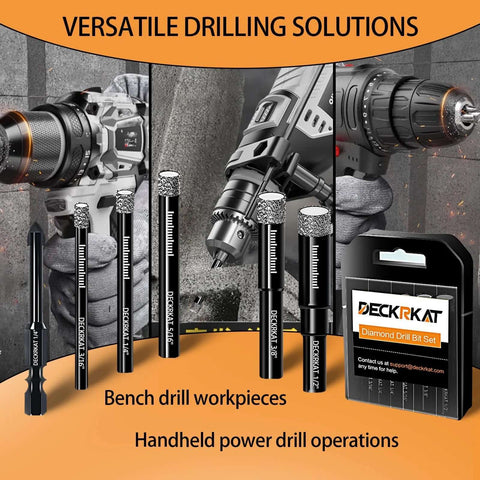 DECKRKAT 7-piece diamond drill bit set for tile and masonry; sizes 3/16 to 1/2 in; includes 1/4 masonry bit; case.