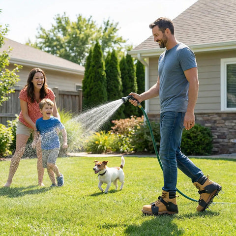 Man wearing Pre Assembled Lawn Aerator Shoes With Heavy Duty Spikes For Easy Yard Aeration No Hassle Ready To Use Straight Out Of The Box Fits Men Size 6 To 14 For All Grass Types walking on lawn.