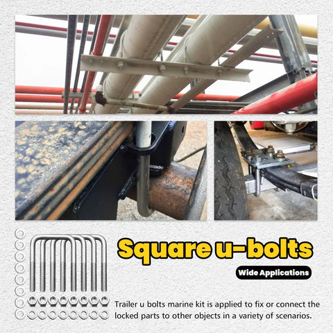 4 Piece 304 Stainless Square U Bolts With Washers And Nuts Kit installed on pipes and trailer frame