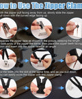 Instructional guide showing use of Two Pack Pro Grade Stainless Steel Zipper Jig Tool Set For Quick Zipper Slider Replacement Handy Zipper Pull Install And Repair Zipper Head Size Range From Two Point Five To Ten Durable Craft Tool to replace a zipper slider.