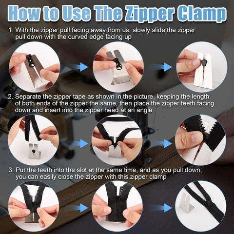 Instructional guide showing use of Two Pack Pro Grade Stainless Steel Zipper Jig Tool Set For Quick Zipper Slider Replacement Handy Zipper Pull Install And Repair Zipper Head Size Range From Two Point Five To Ten Durable Craft Tool to replace a zipper slider.