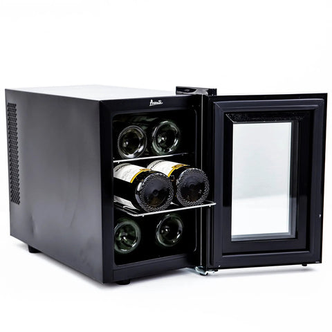Six Bottle Wine Cooler With Thermoelectric Cooling Quiet Freestanding Wine Cellar Digital Temperature LED Display open with bottles.