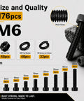 Massive M6 Screws Kit With 176 Pieces Including M6x8, M6x10, M6x12, M6x16, M6x20, M6x25, M6x30, M6x35mm Hex Socket Bolts Nuts And Washers 12.9 Grade Alloy Steel Black Oxide Anti Rust Heavy Duty Rugged Fit For Quick Snug Assemblies